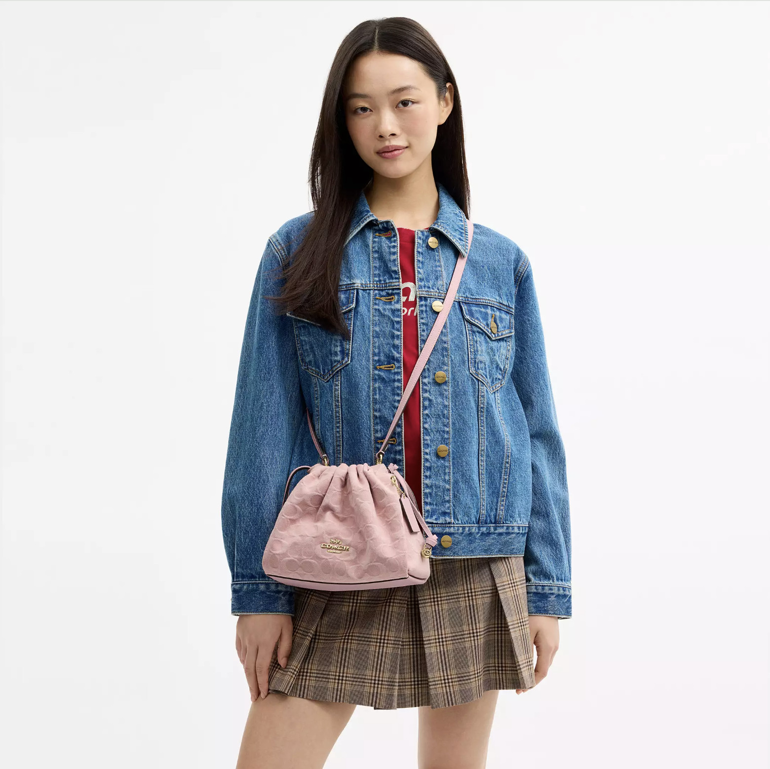 COACH Faye Drawstring Bag Signature Denim Light Pink CFD03 IMNH1 New Authenthic