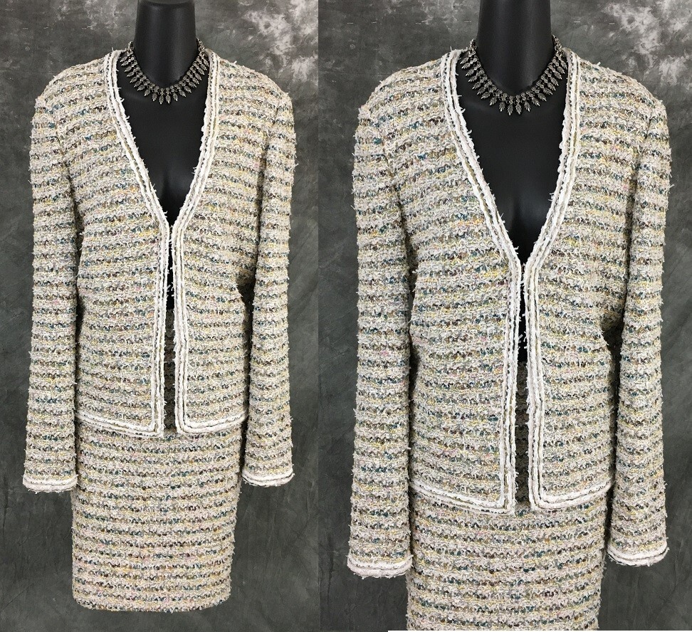 NEW BEAUTIFUL St John knit green white pink yellow multi skirt suit size L 10