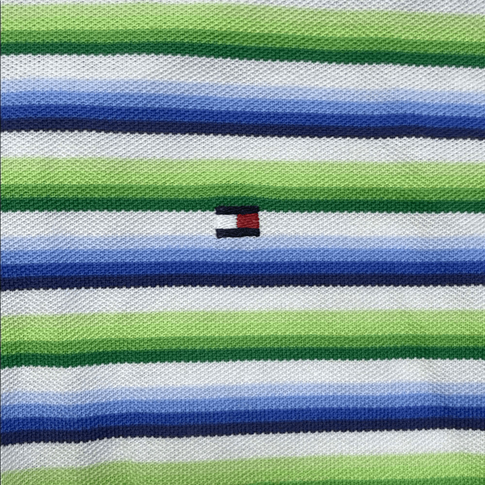 Tommy Hilfiger Striped Polo in Lime Green, Blue & White with Navy Collar