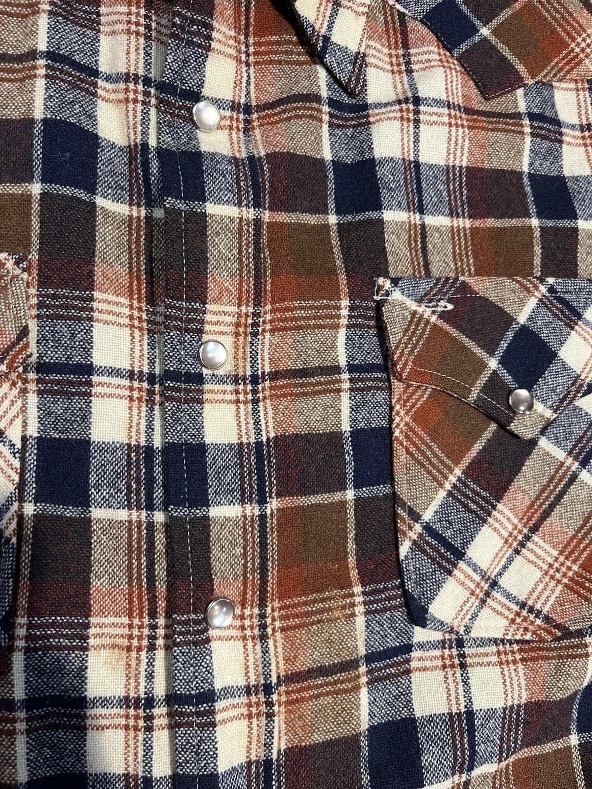 vtg Pendleton Wool Pearl Snap Plaid Western Shirt Mens M Brown Blue Tan Flannel