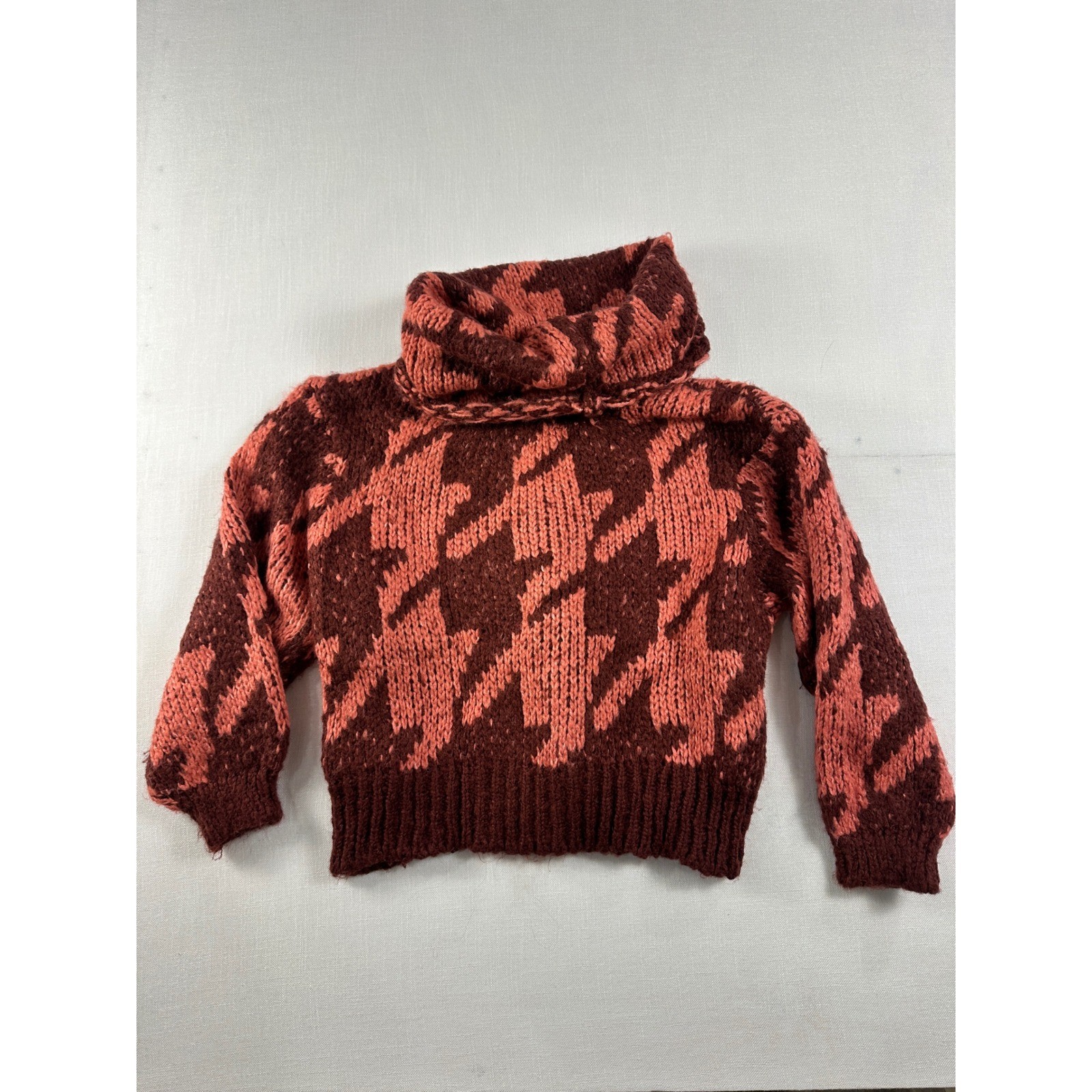 Anthropologie Houndstooth Ginny Chunky Knit Cowl Sweater Burgundy Pink Small