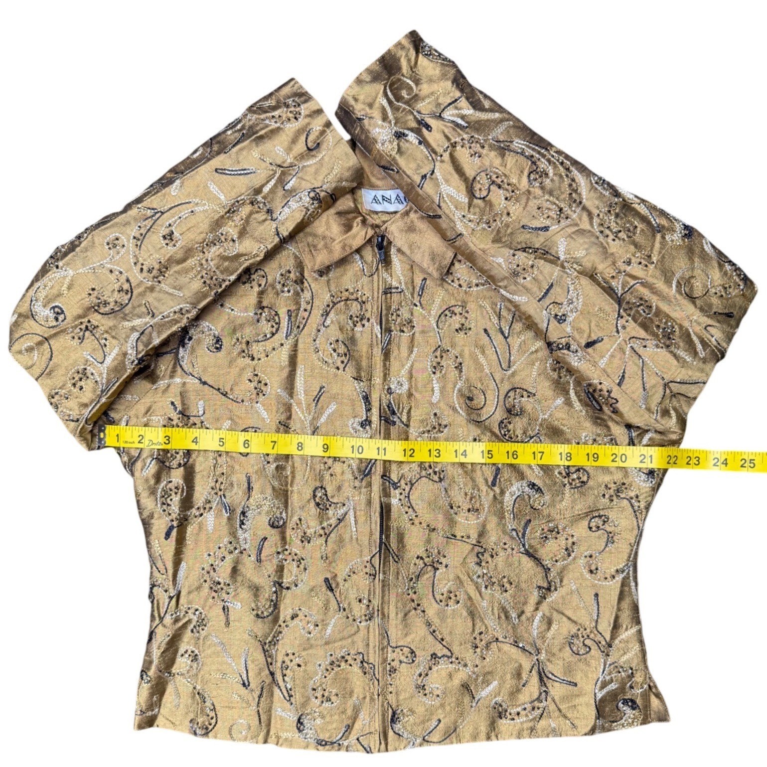 Anage Silk Embroidered Jacket Top Womens Medium Gold Evening Blouse