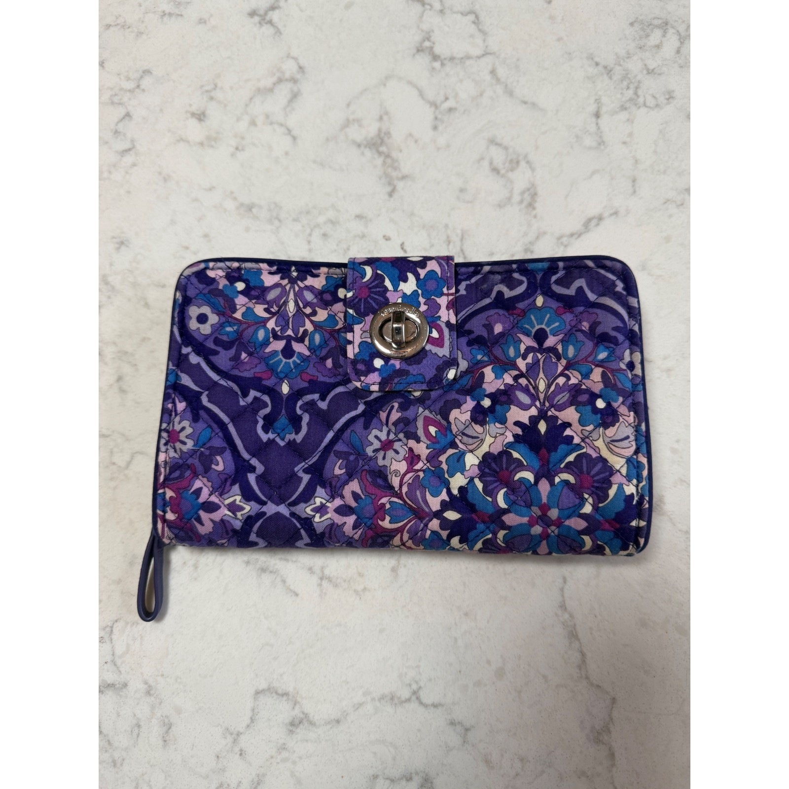Vera Bradley Plum Crazy Quilted Cotton Turn-Lock Zip Around Wallet Purple Floral