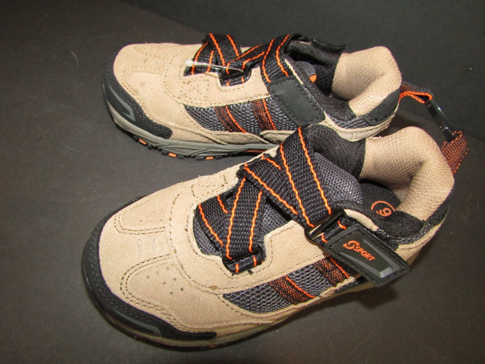 S SPORT GARGONS Boys Size 9 Tan, Black & Orange VELCO CLOSE Hiking SHOES