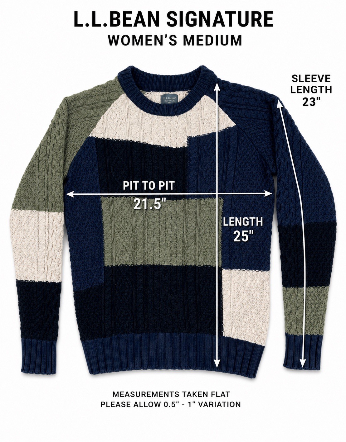 L.L.Bean Signature Women’s M Patchwork Cable Knit Cotton Sweater Blue Green