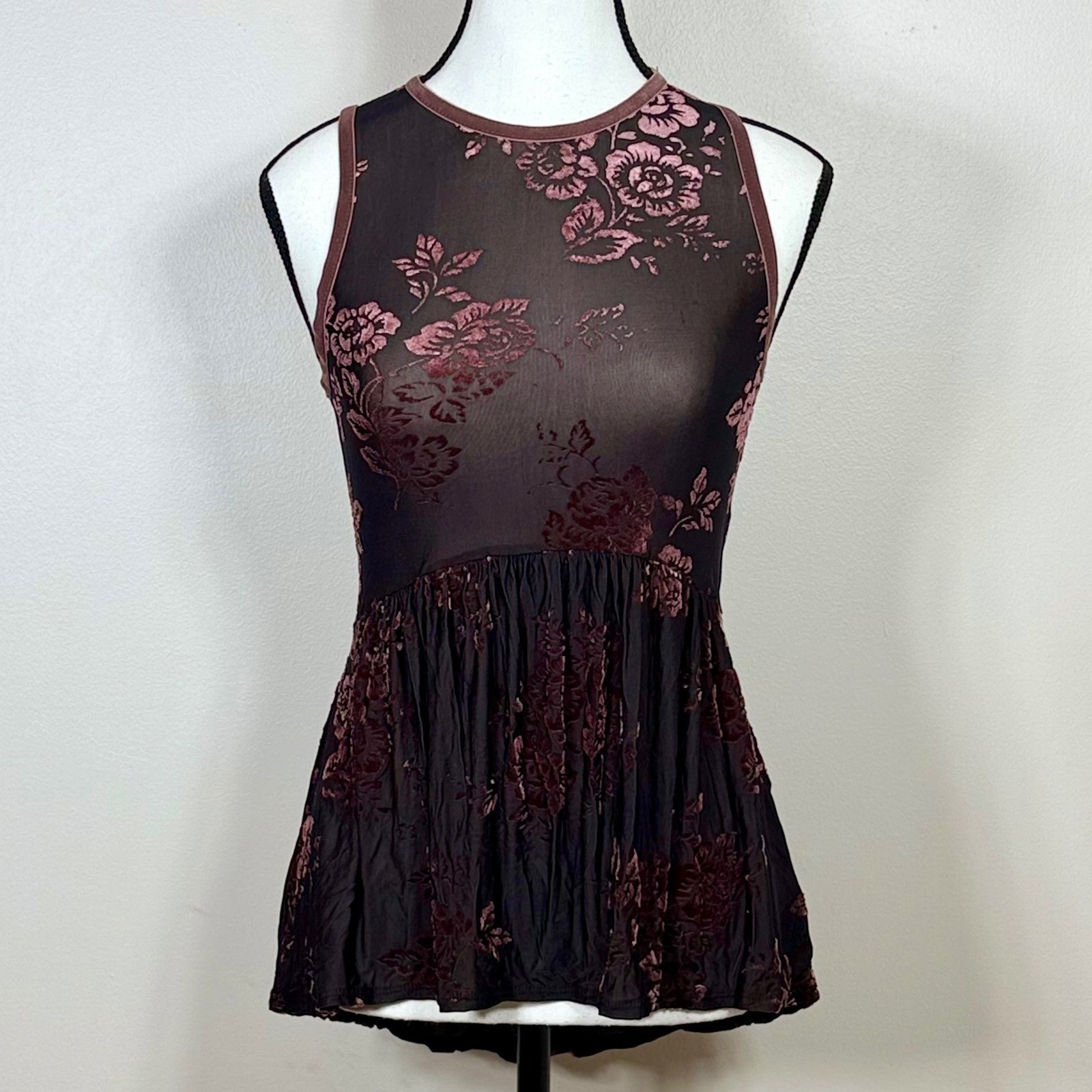 Knox Rose Velvet Burnout Mesh Peplum Top XS Purple Floral Dark Romantic Fairy