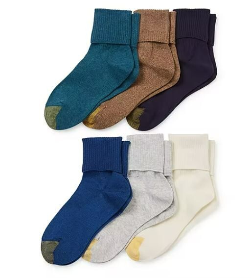 GOLD TOE Women’s 6 pack Turn Cuff Black / White Socks 9-11, fits shoe sizes 6-9