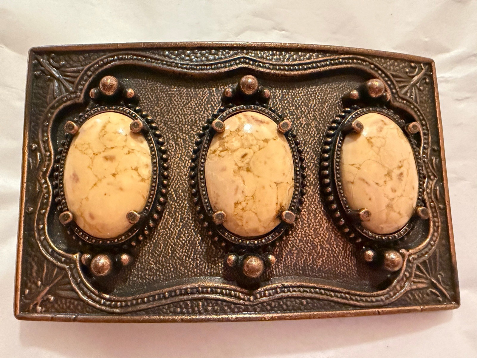 Agate Belt Buckle VTG Ornate 3 Large Stones 2.25 X3.25 Inches Brass USA