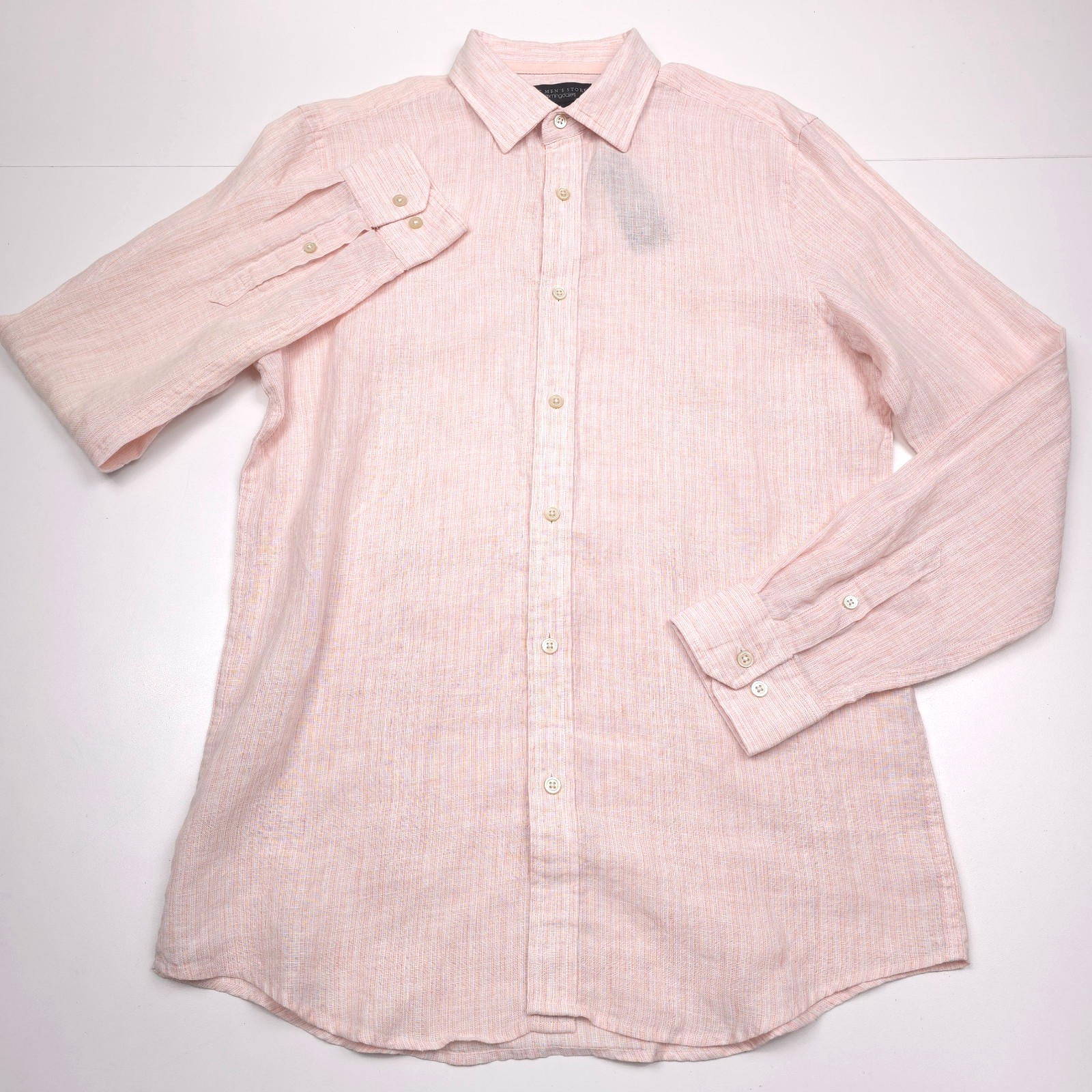 Bloomingdales Linen Button Up Shirt Mens Medium M Pale Peach Pencil Striped NWT