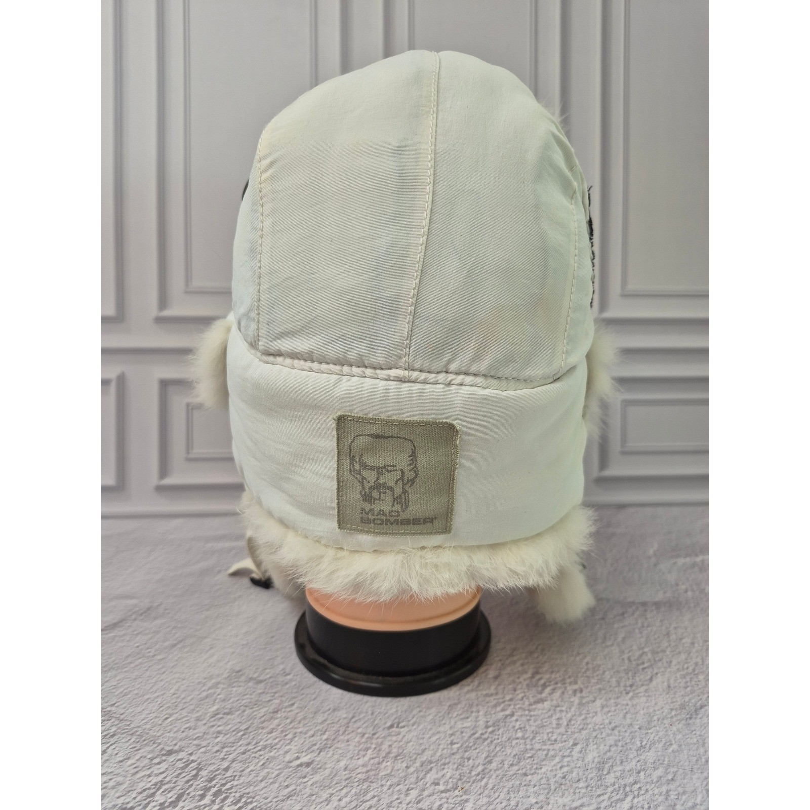 Mad Bomber White Trapper Hat Genuine Rabbit Fur Trim Aviator Winter Cap Womens