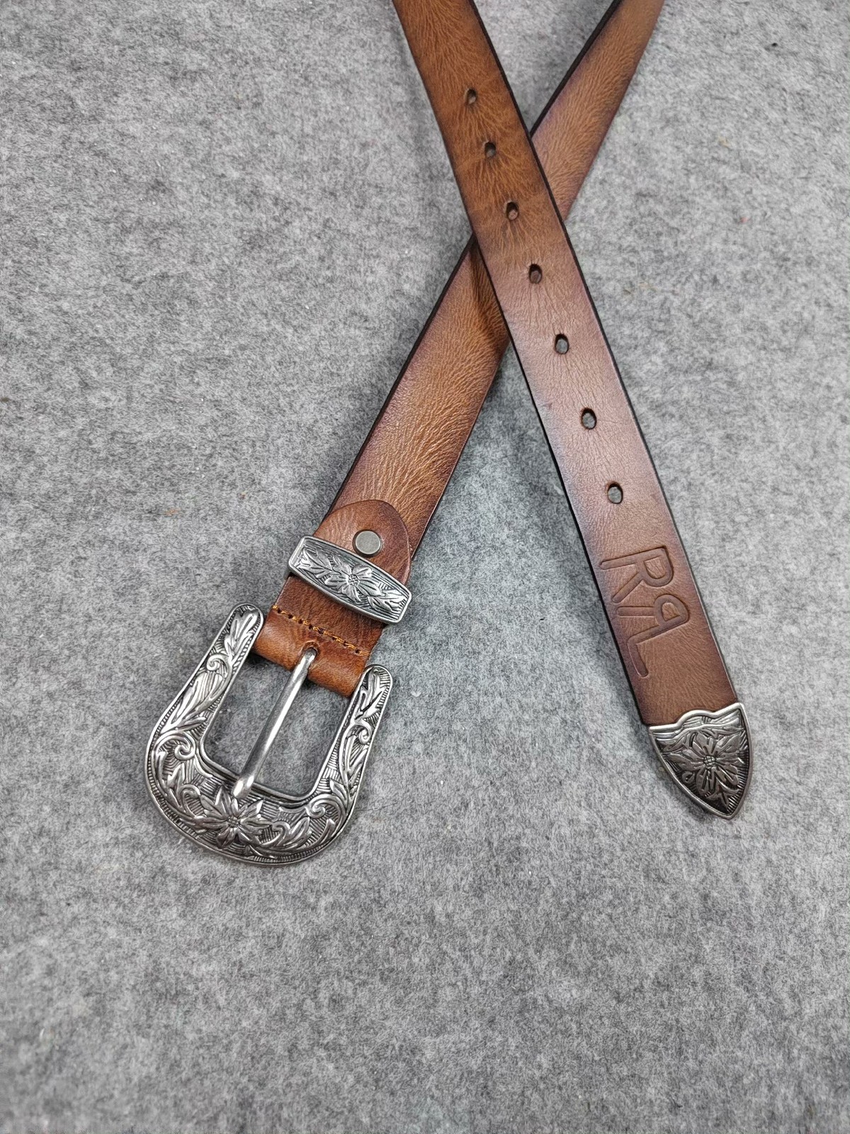 RRL Double RL Western Engraved Buckle Brown Leather Belt with RR Logo Size 32