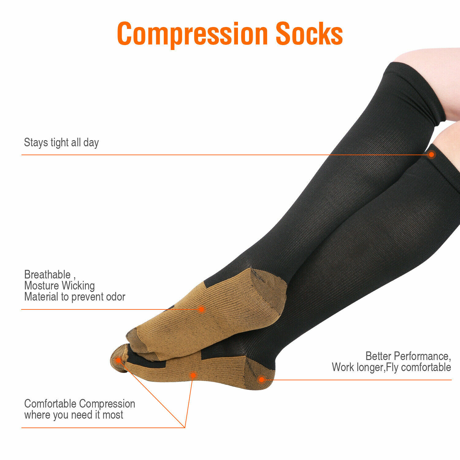 5 Pairs Copper Compression Socks 20-30mmHg Graduated Support Mens Womens S/M-XXL