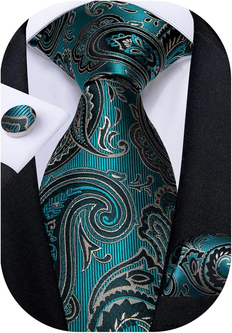 Mens Tie Set Silk Solid Paisley Necktie and Pocket Square Cufflinks Classic Form