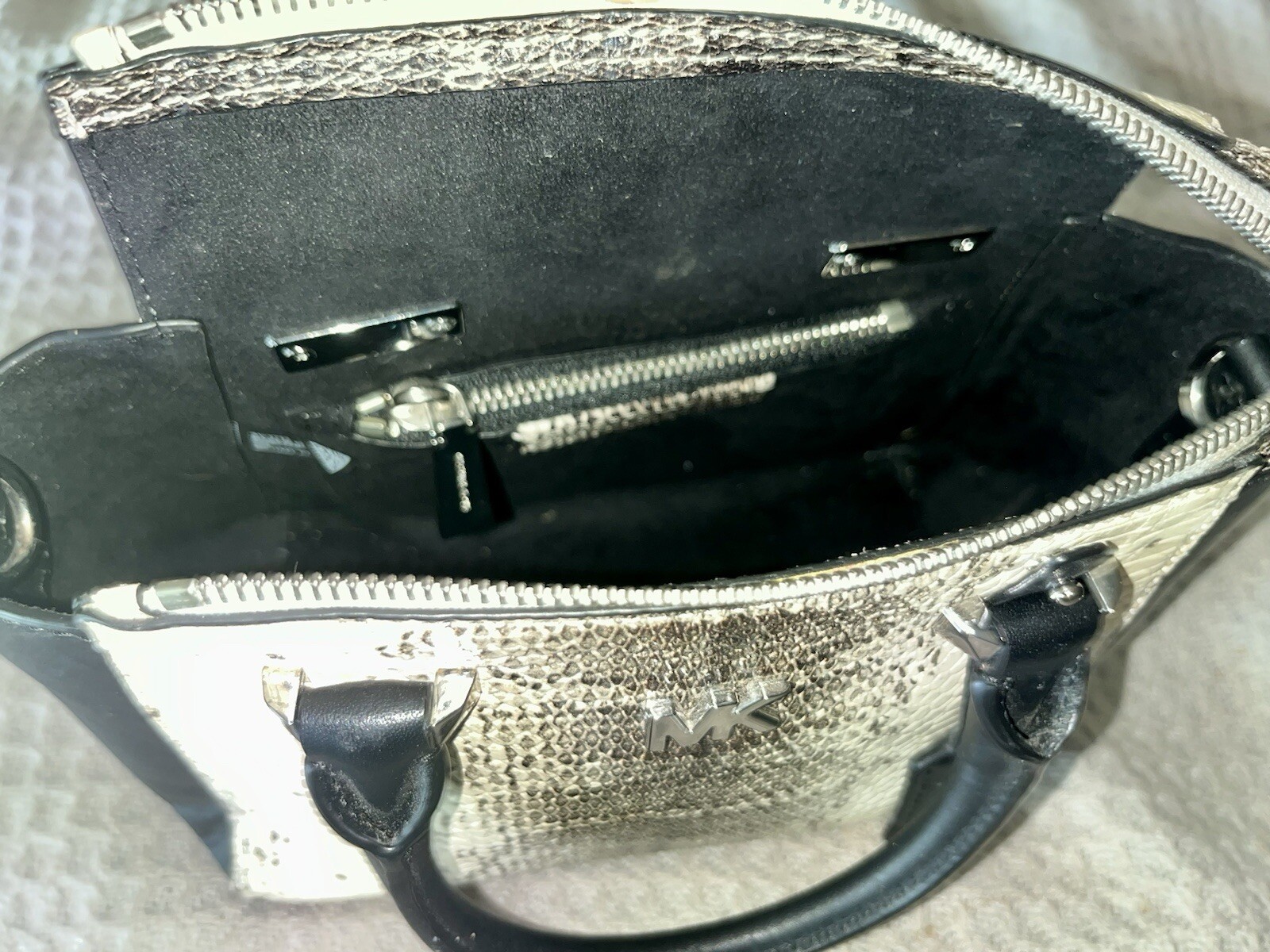 Michael Kors Nolita Mini Messenger Embossed Leather Off White Black Snakeskin