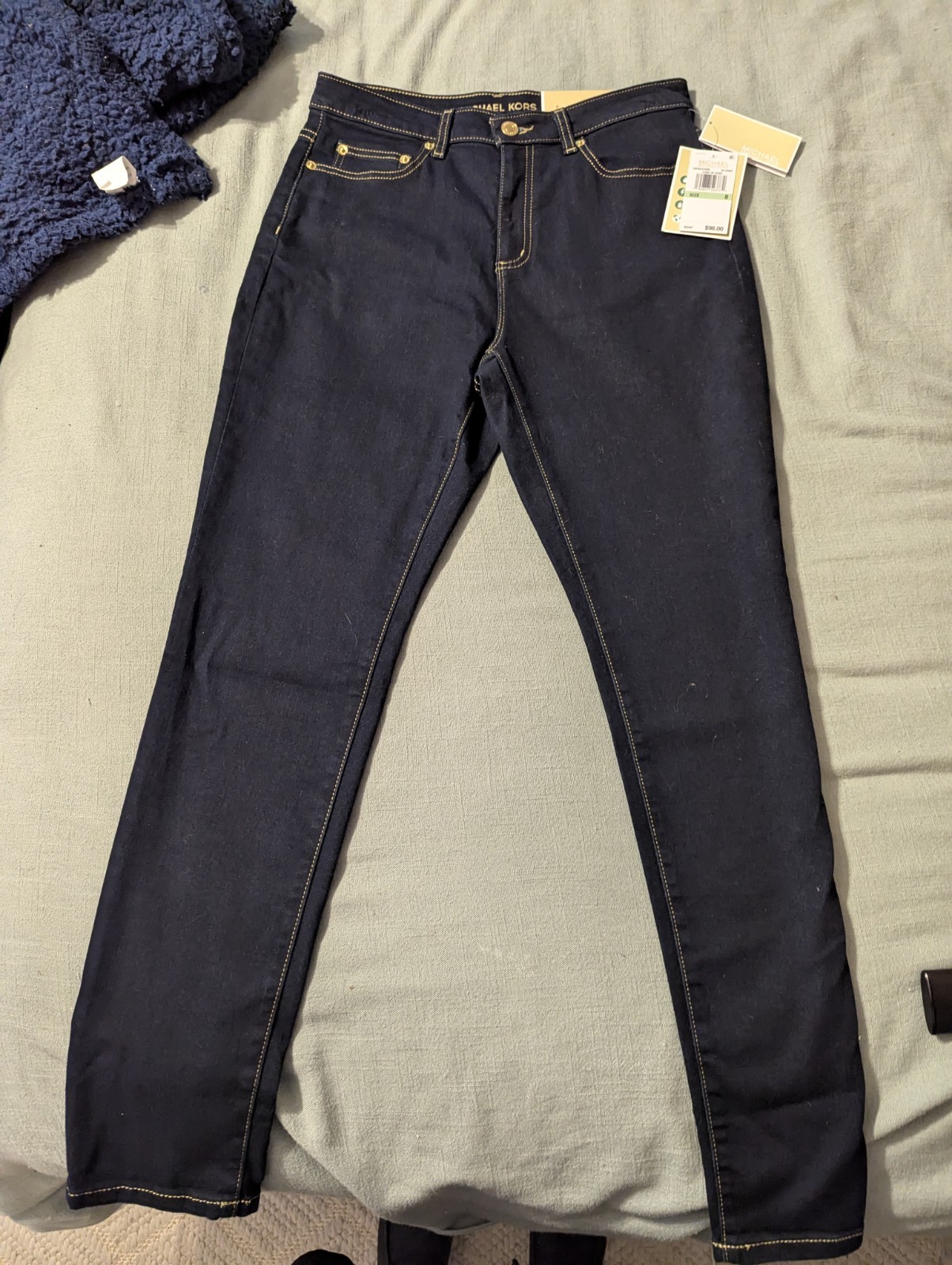 NWT Michael Kors MK Logo Izzy Skinny Jeans Basics Overdyed Indigo Pants Size 8