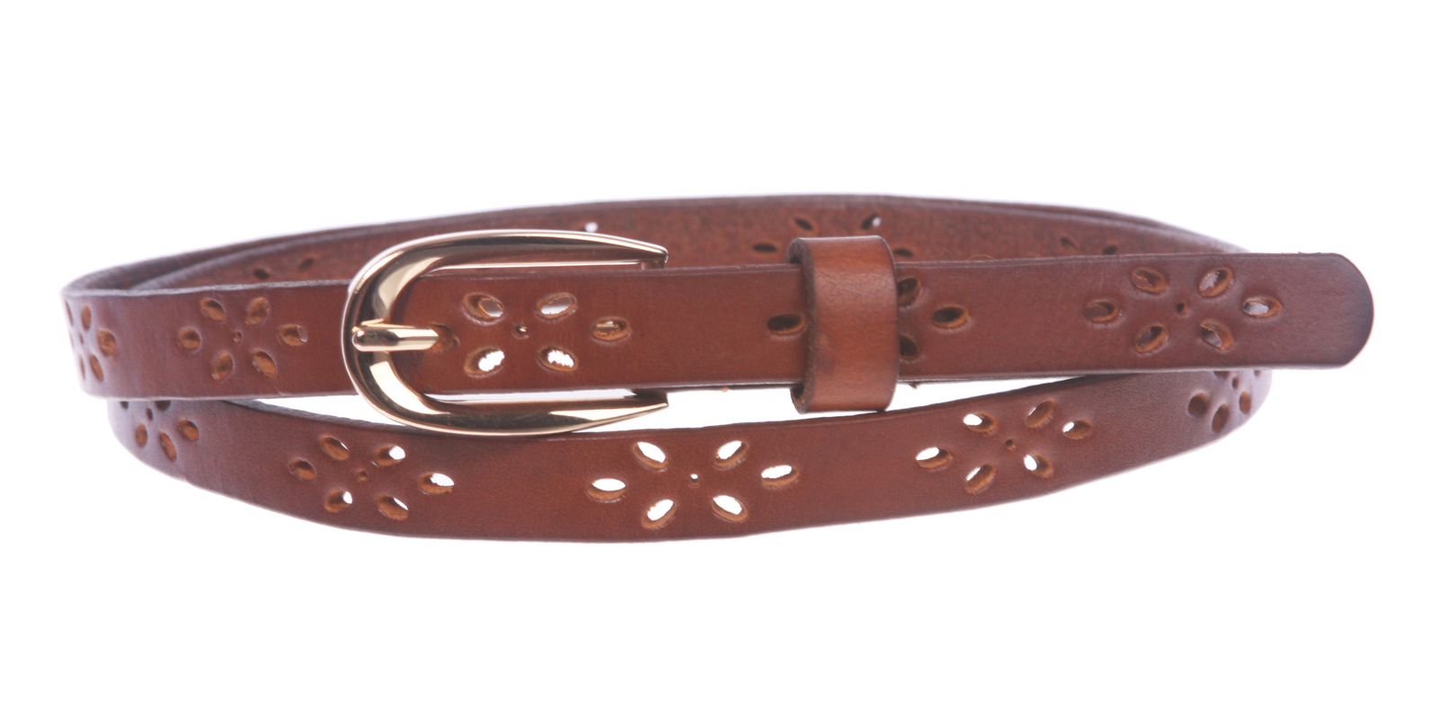 Skinny Perforated Floral Hollow Out One Piece Cowhide Full Grain Leather Bel