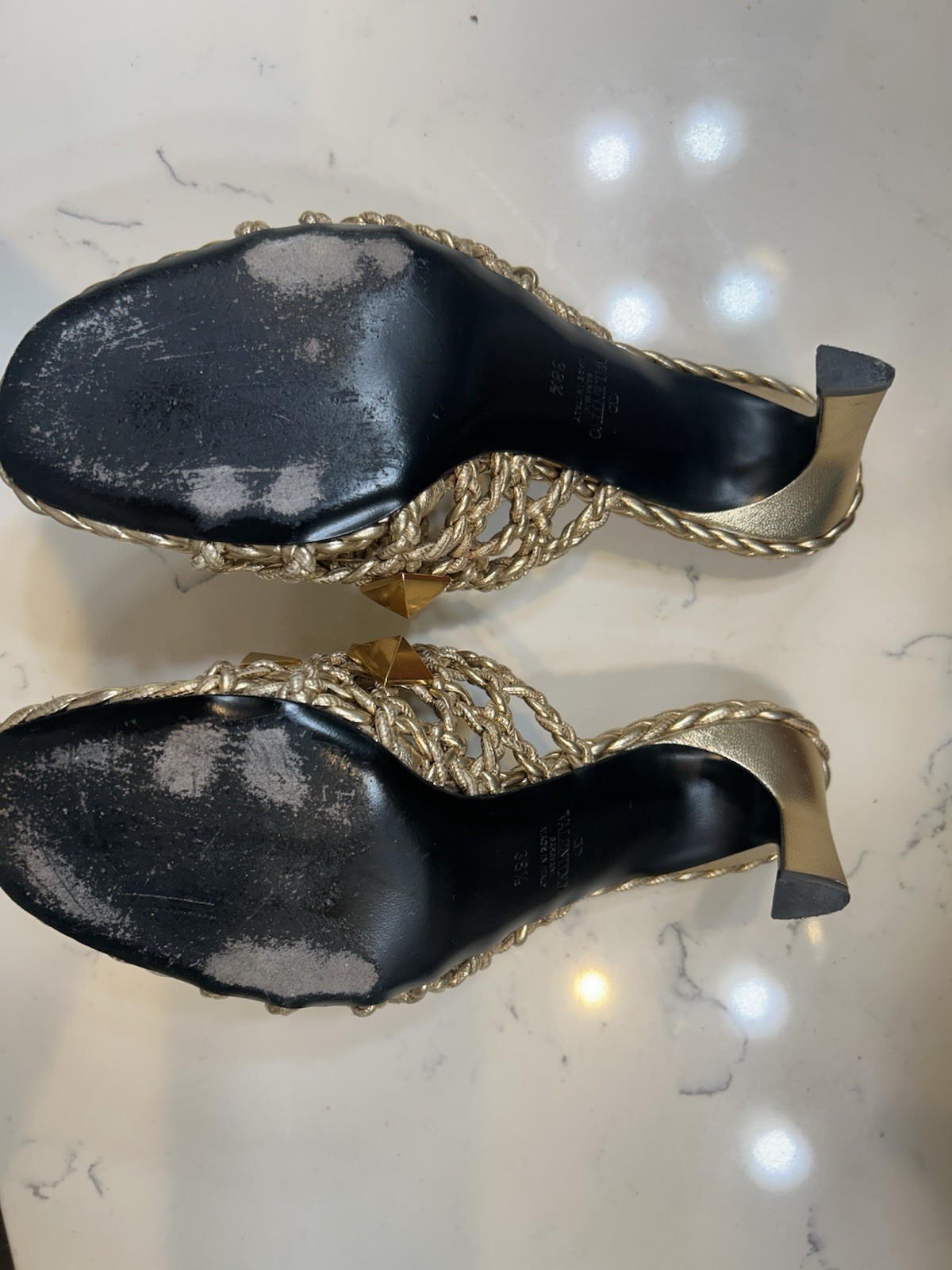 Valentino Garavani Gold Leather Woven Studded Open Toe Slip-On Mules 8