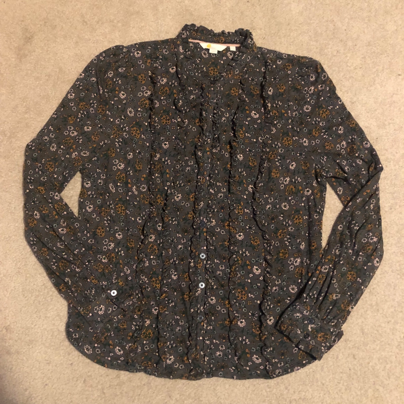 Boden Ditzy Floral Print Gray Ruffle Blouse Women’s Size 12 Boho Cottagecore