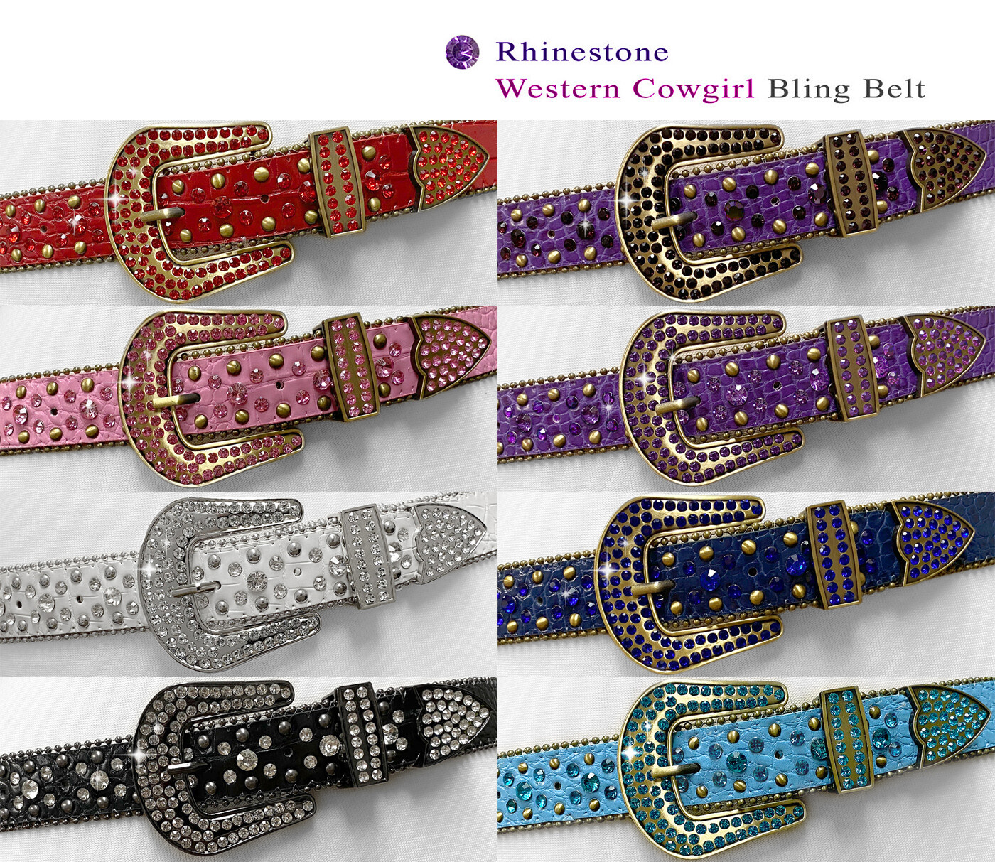 35158 Rhinestone Belts Western Bling Crystal Studded Leather Belt 1-3/8″ wide