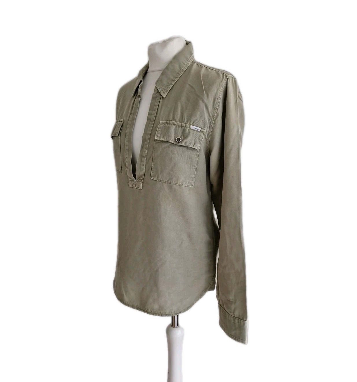 Mother The Frenchie Slipover Cotton Blend Military Green Shirt Womens Size Small