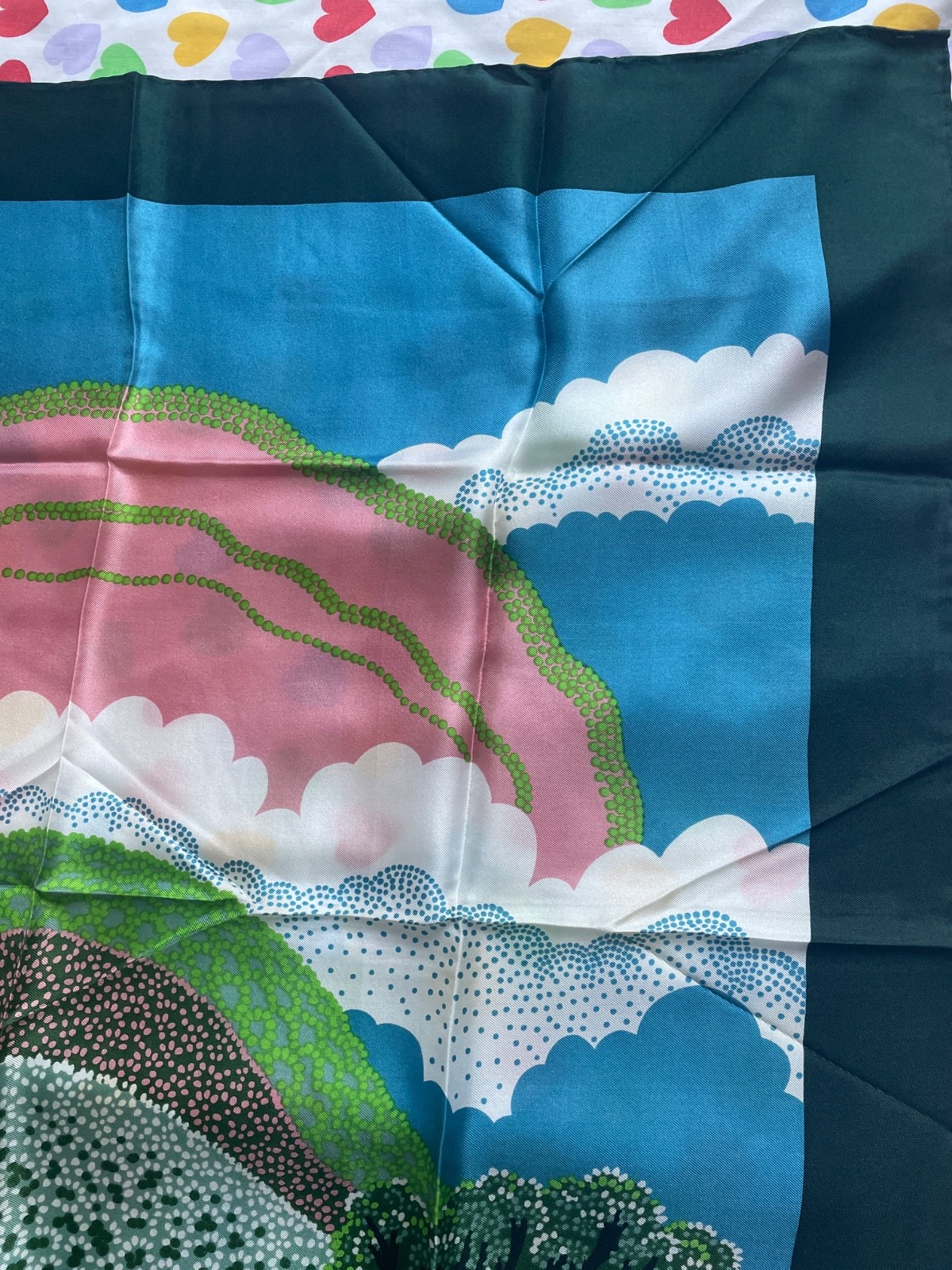 Vintage New Sally Gee 100% silk rare landscape Scarf 26.5″ square, made in Japan