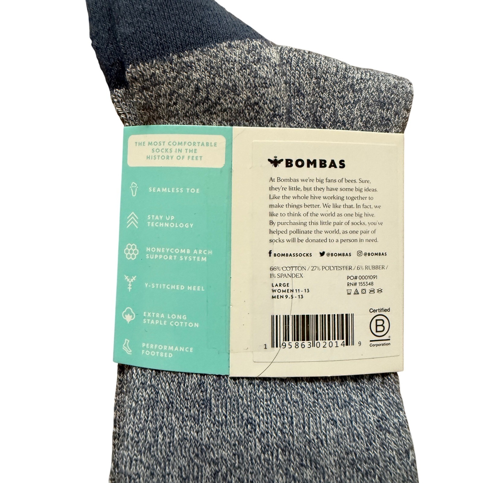 Bombas Unisex Calf Socks Large Blue Marl Space Dye Cotton Blend New