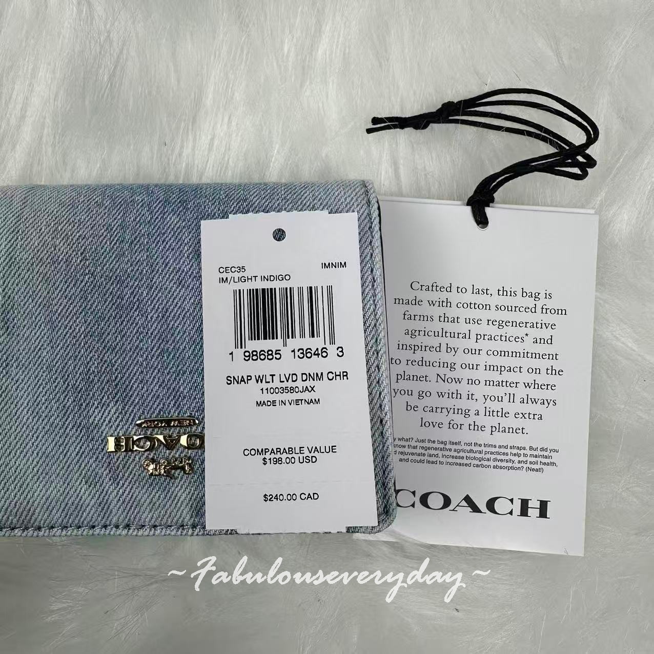 Coach Snap Wallet in Loved Denim with Cherry Charm Gold/Light Indigo CEC35 NWT
