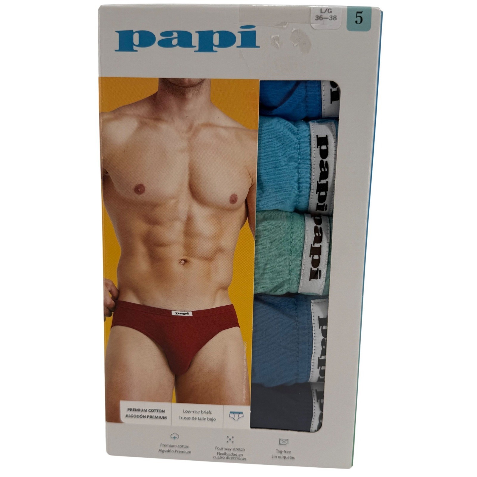 Papi Mens 5-Pack Premium Cotton Low-Rise Briefs Blue Green Size Large 36-38 NEW