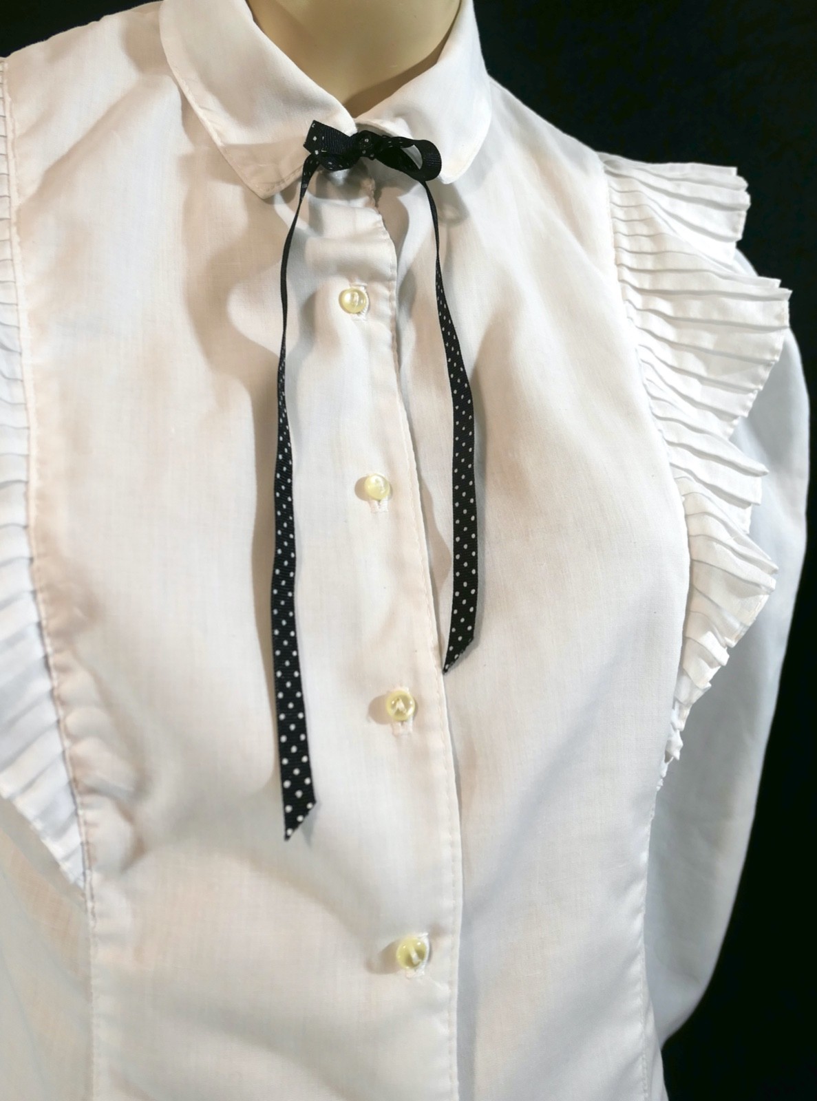 Vintage 70s White Cotton Pleated Ruffle Victorian Blouse Top Ribbon Ascot S M