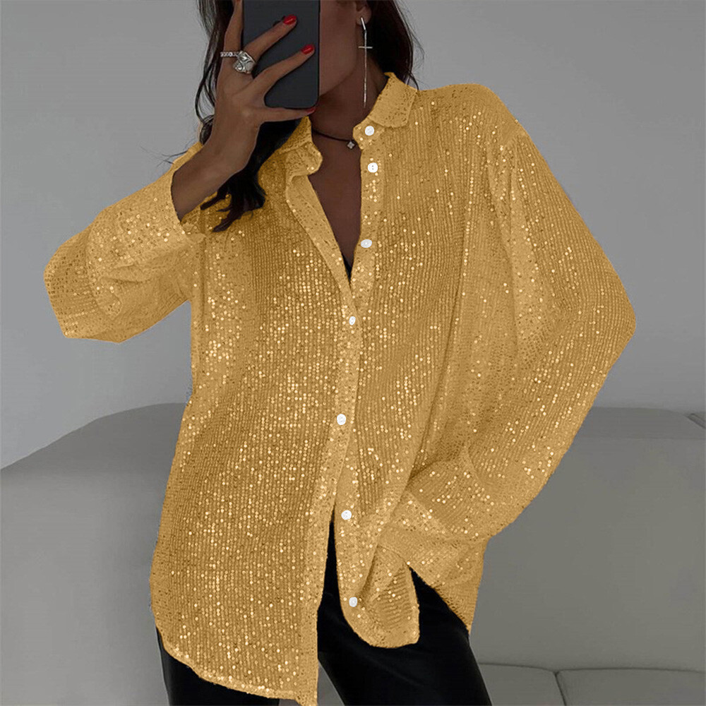 Womens Sequin Glitter Shiny Button Down Shirt Ladies Clubwear Party Tops Blouse