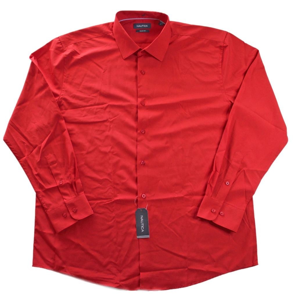 Nautica Shirt Mens XL 34-35 Long Sleeve Slim Fit Button Front Stretch Red NEW