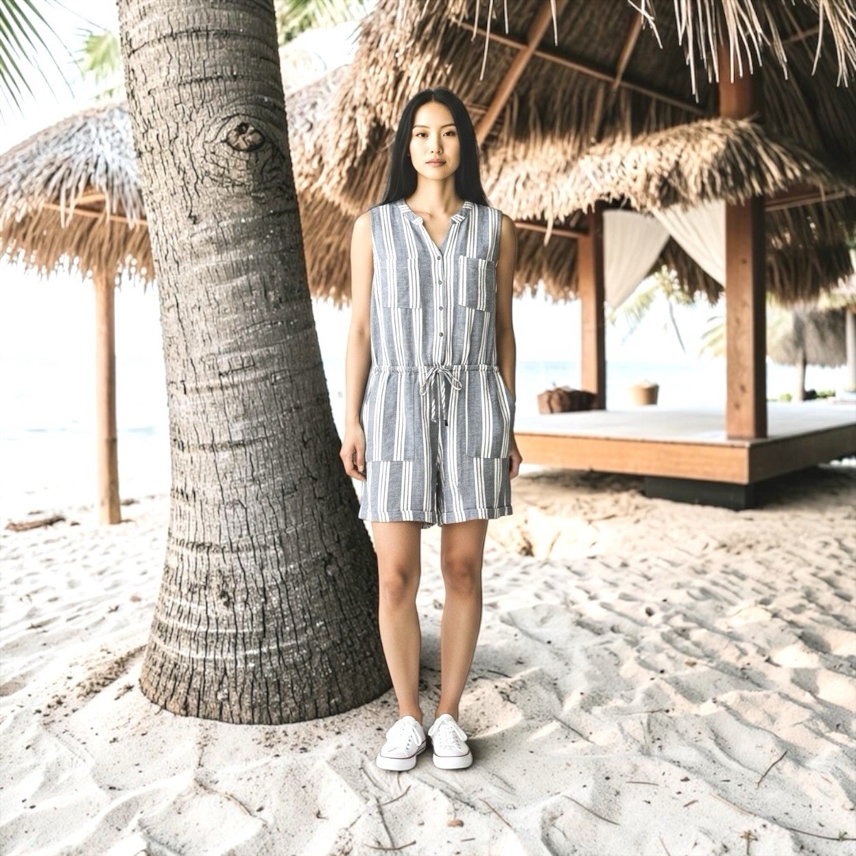 NWT Linen Blend Romper Womens Large Blue White Stripe Drawstring Summer Vacation