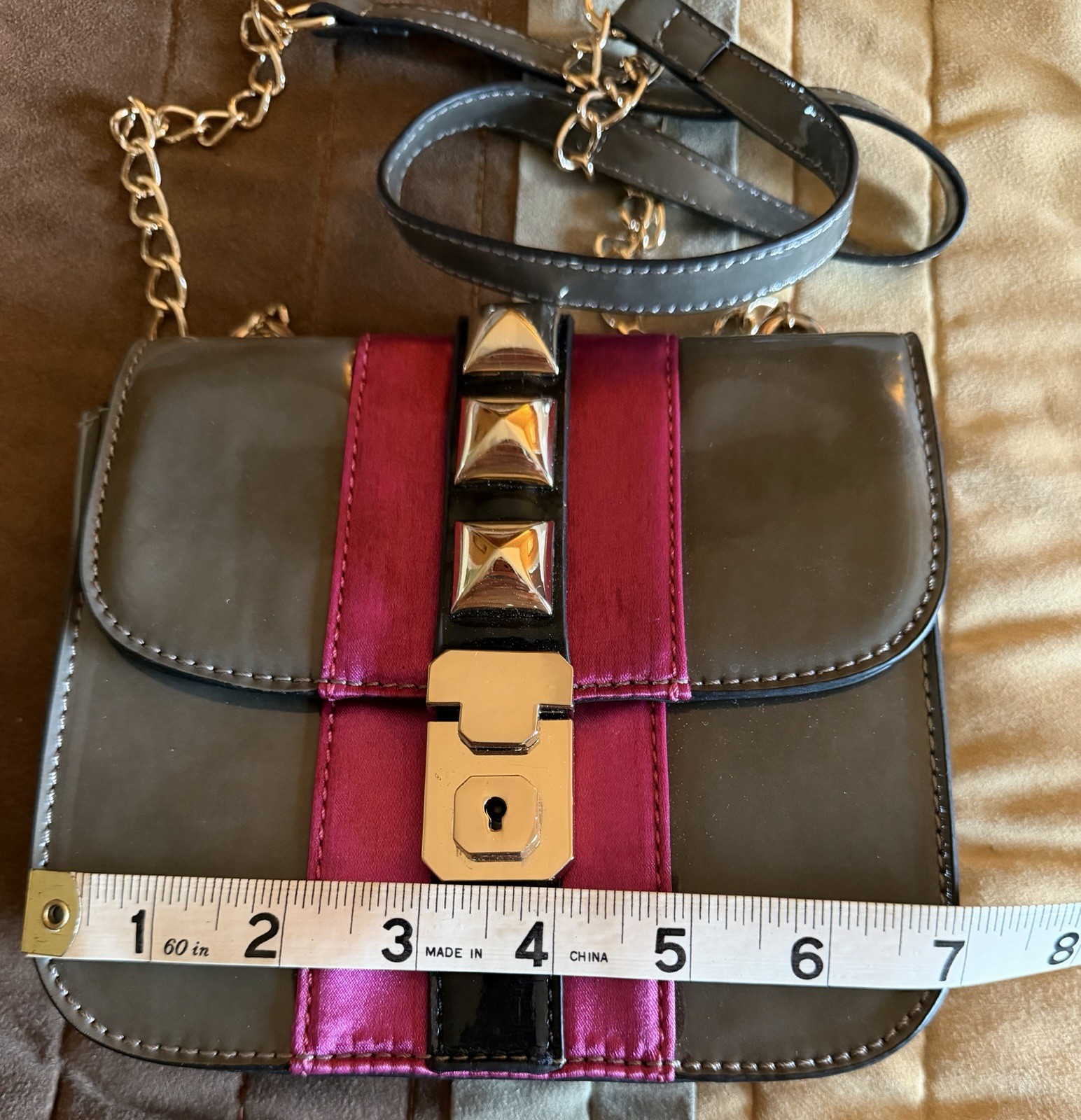 Melie Bianco Gray/Pink Small Patent Studded Crossbody, Chain Strap, Push Lock