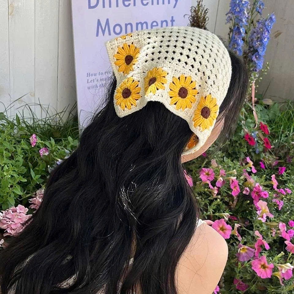Handmade Crochet Bandanas Headbands Cute Flowers Hairbands Knitted Headscarf