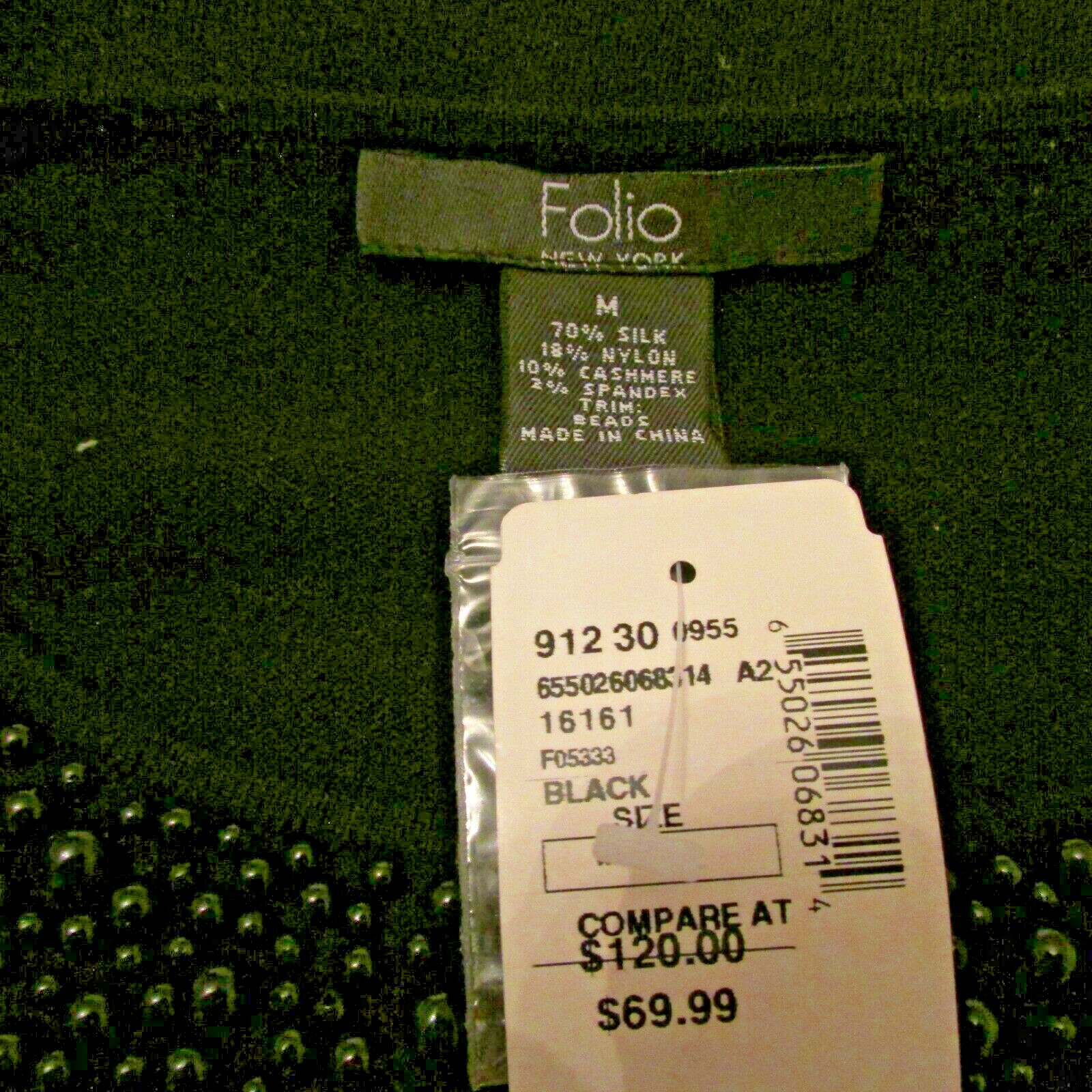 $120 NWT Saks Fifth Avenue Folio Silk Cashmere Black Beaded Pullover Sweater M
