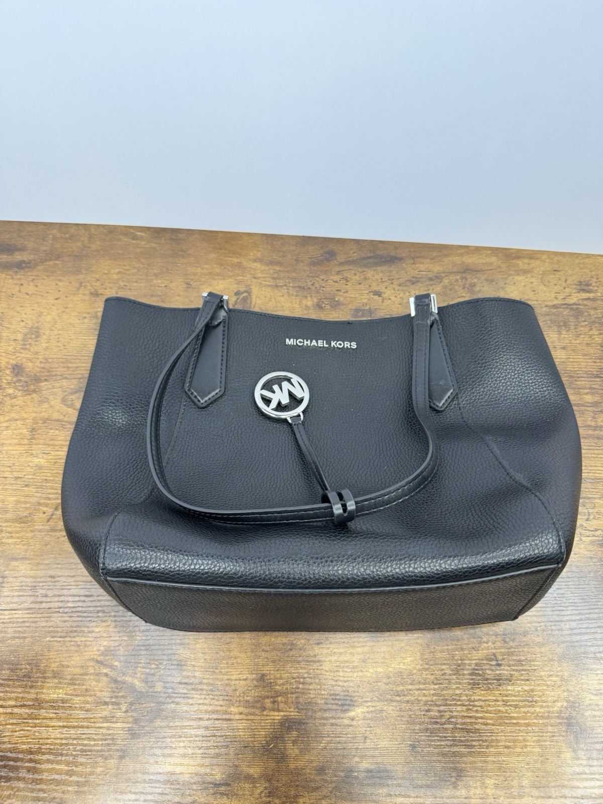 Michael Kors Kimberly Large Leather Top Zip Bonded Tote Solid Black Silver Charm