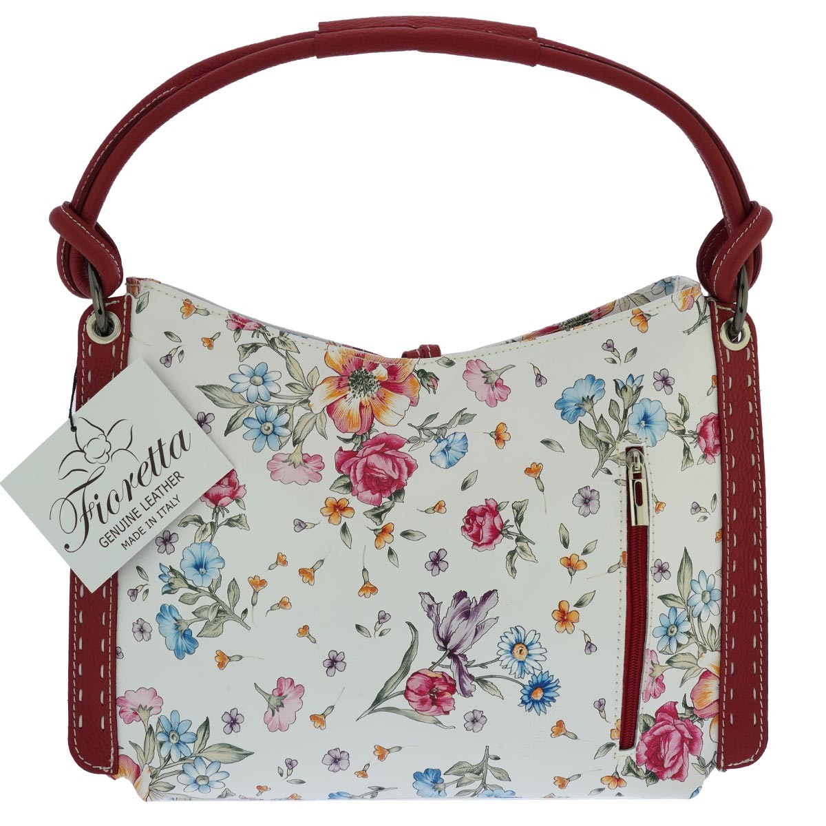 Fioretta Italian Genuine Leather Flower Pattern Zippered Top Tote Shoulder Bag H