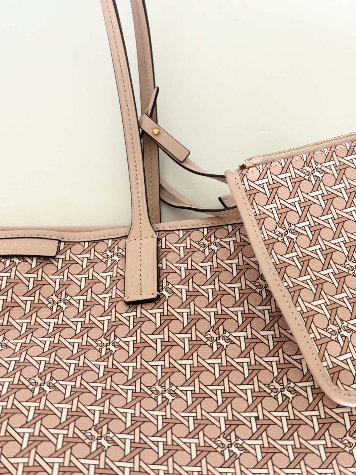 Tory Burch T Monogram Tote Pink Beige Zip Closure & Pouch Gold Hardware