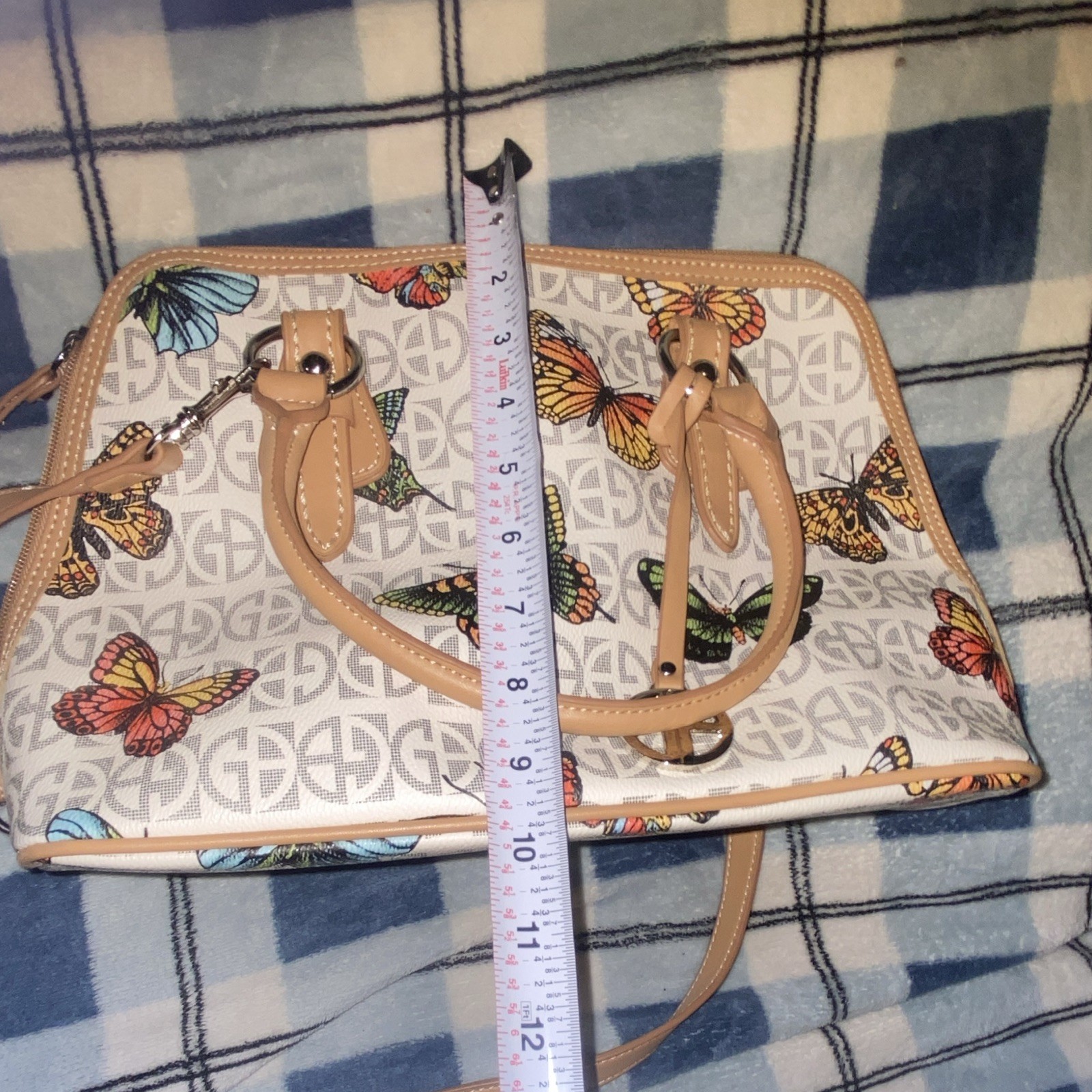 Giani Bernini Monogram Butterfly Medium Satchel Zip Top Handle Detach Strap