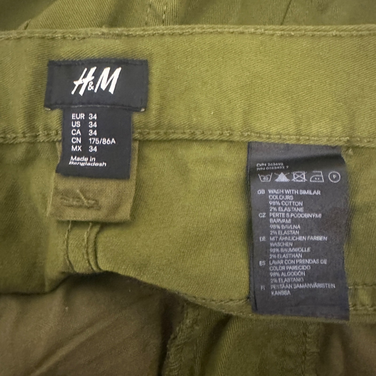 H&M Stretch Chinos 34″ waist 29″ inseam Gently worn 98% cotton/2% elastane