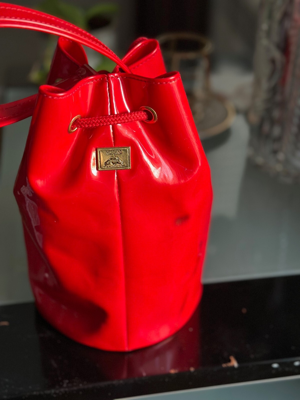 PRE-OWNED MOSCHINO BUCKET HANDBAG MADE IN ITALY BY REDWALL COLOR RED PVC PATENT