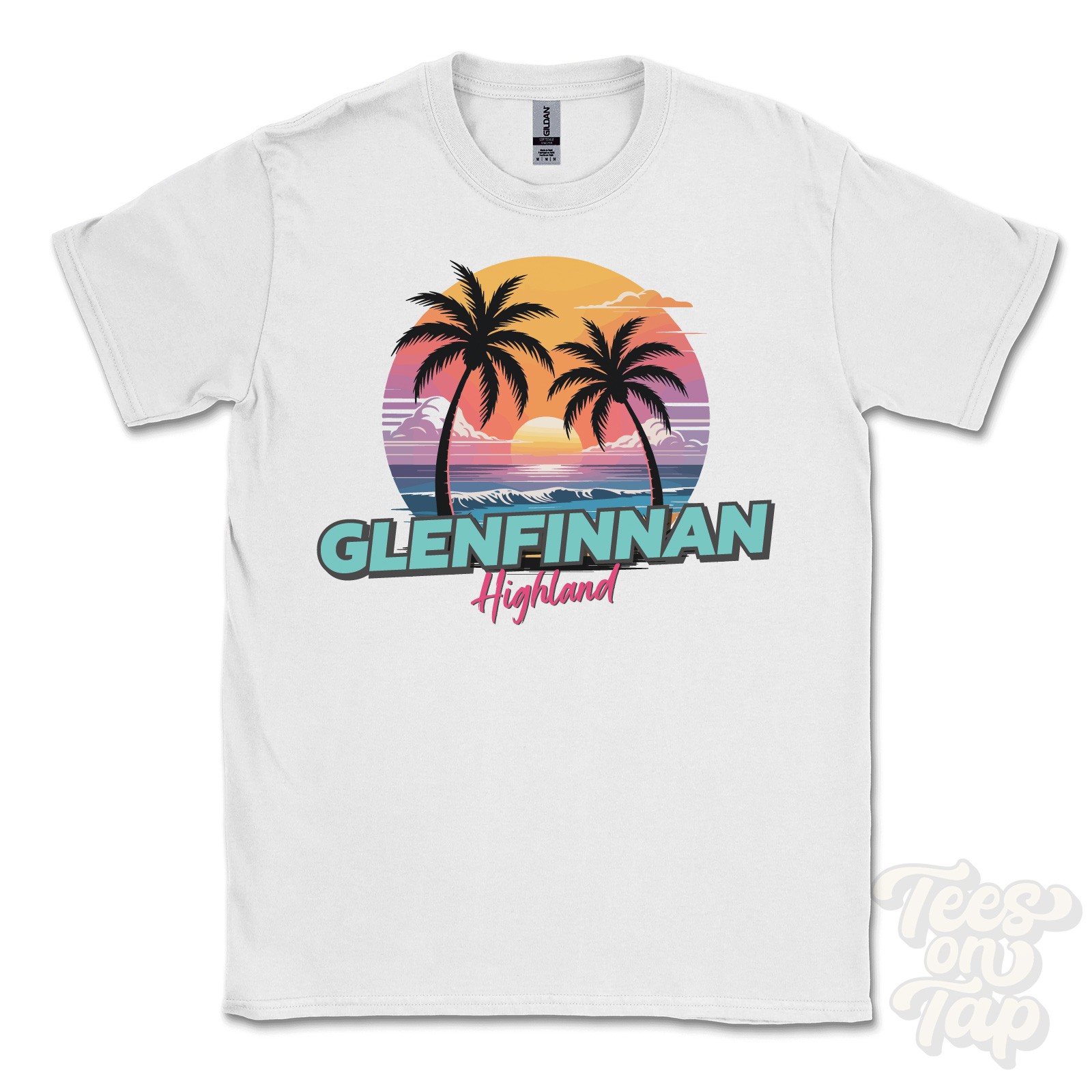 GLENFINNAN HIGHLAND T-SHIRT – Retro Miami Style Funny UK Summer Parody