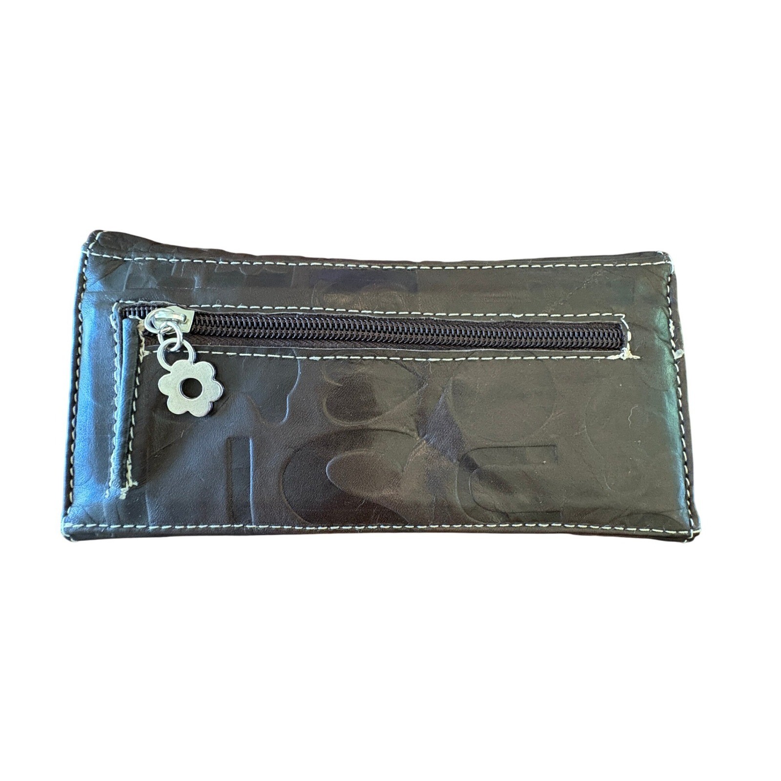 Tous Dark Brown Embossed Leather Trifold Wallet White Stitching Logo Plaque