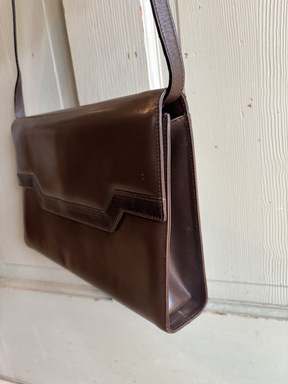 Salvatore Ferragamo vtg Brown Leather & Lizard Trim Clutch Shoulder Bag Italy