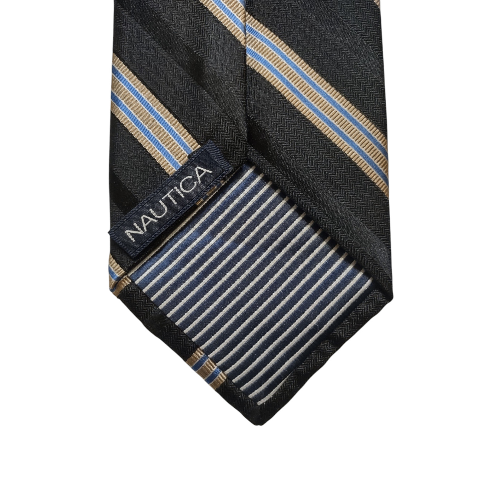 Nautica Tie Men’s 100% Silk Black Blue Beige Diagonal Stripe Jacquard Necktie