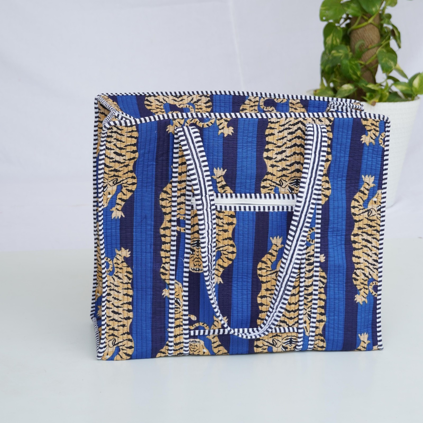 Handmade Cotton Tote Bag Blue Tiger Print Quilted Indian Travel Shopper Bag