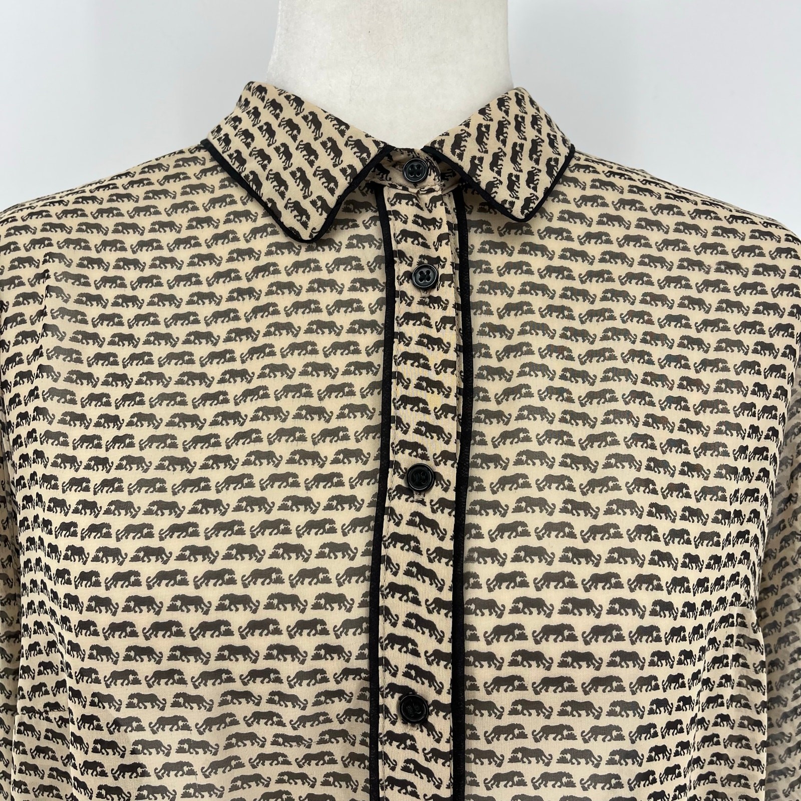Pleione Beige Elephant Print Collared Button Front Sheer Chiffon Blouse Size L