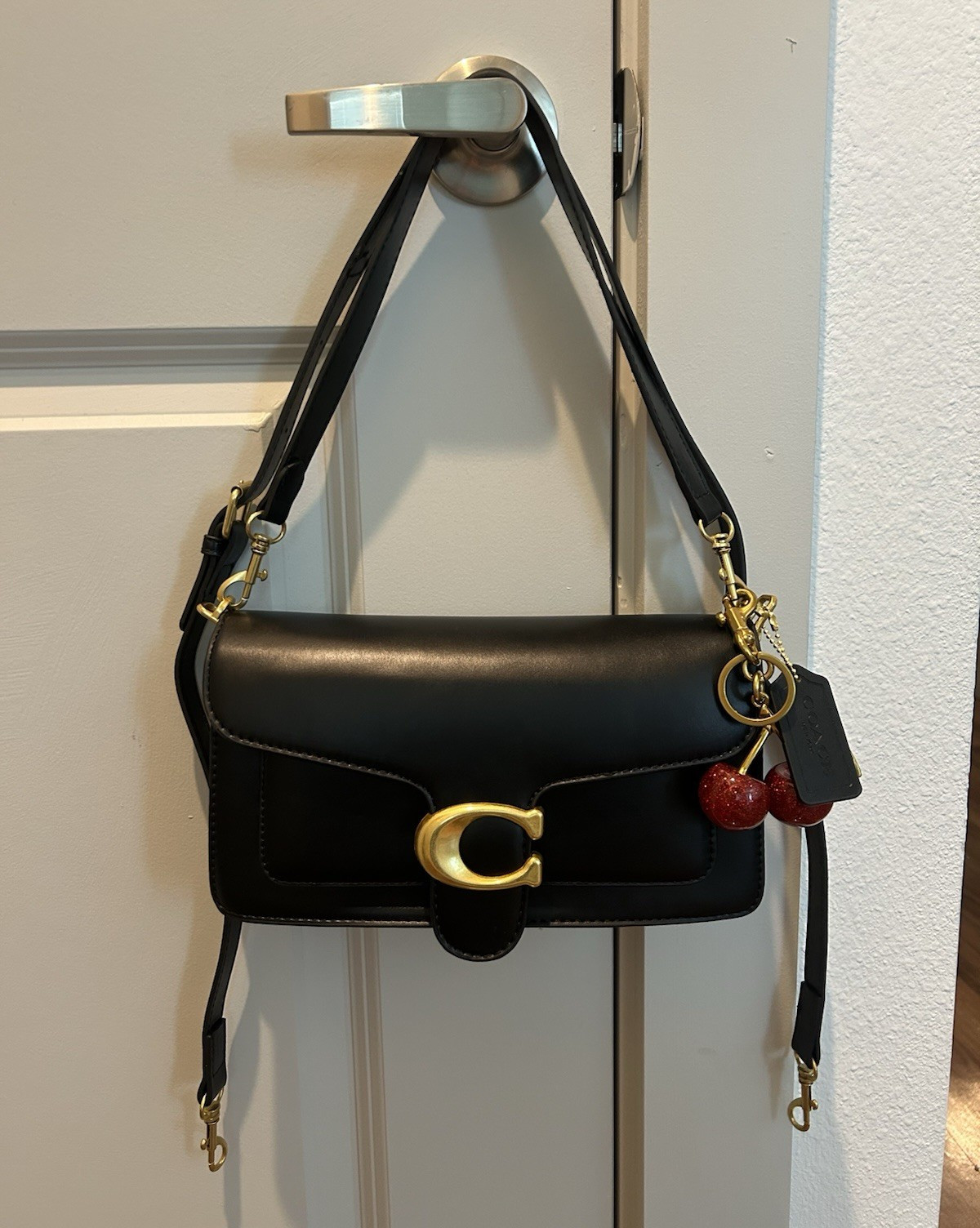 Coach Small Black Shoulder Bag w/ Detachable Strap, Gold Hardware & Cherry Charm