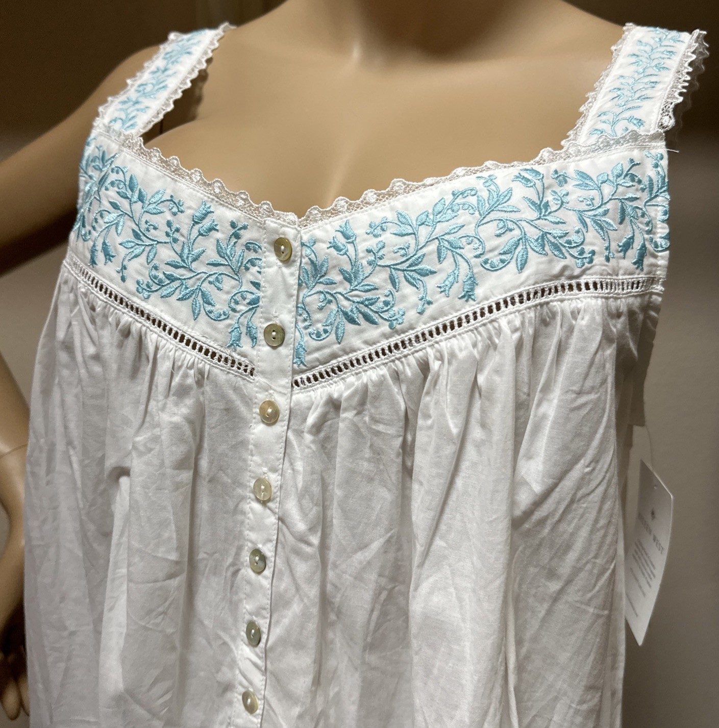Eileen west nightgown Large 100% Cotton lawn Aqua Blue Embroidery Gorgeous.