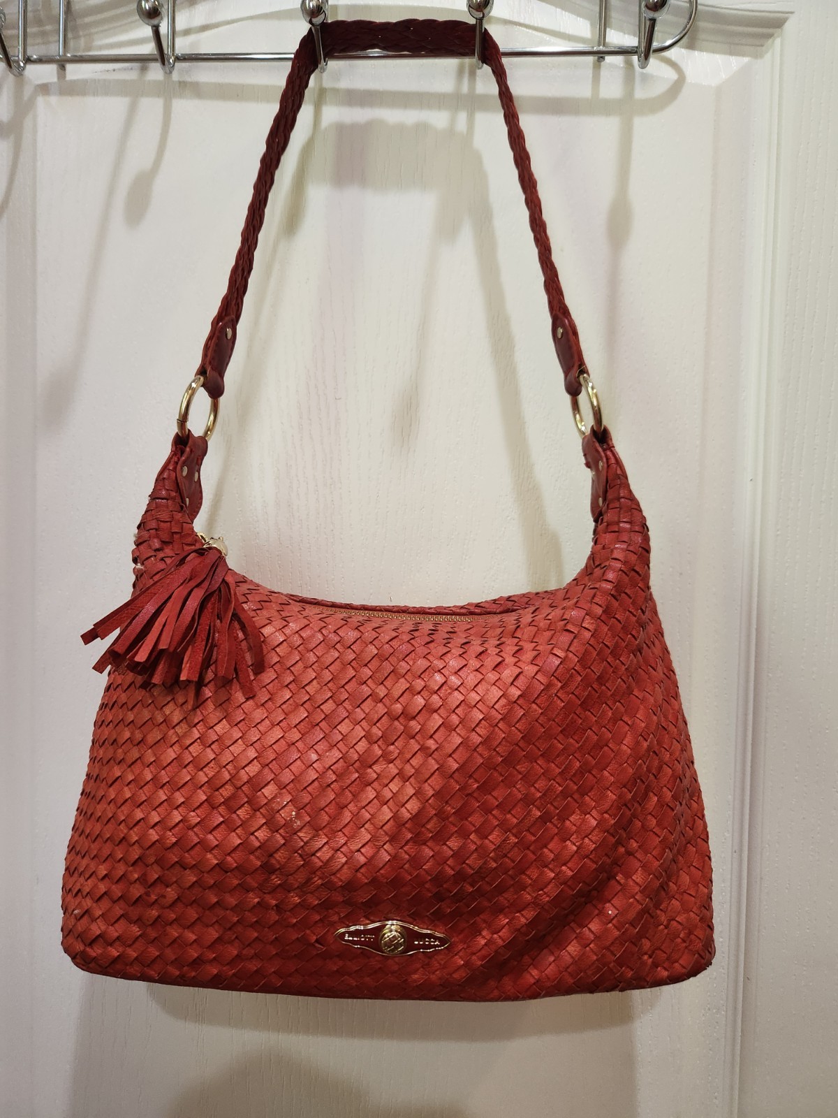 ELLIOTT LUCCA RED WOVEN LEATHER HANDBAG MED 9 X 14